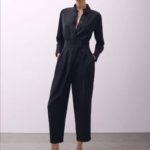 Massimo Dutti long sleeve navy blue jumpsuit with belt